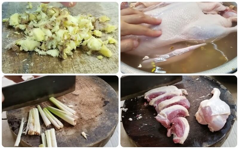 Sơ chế thịt vịt và các loại rau củ chuẩn bị nấu vịt om sấu