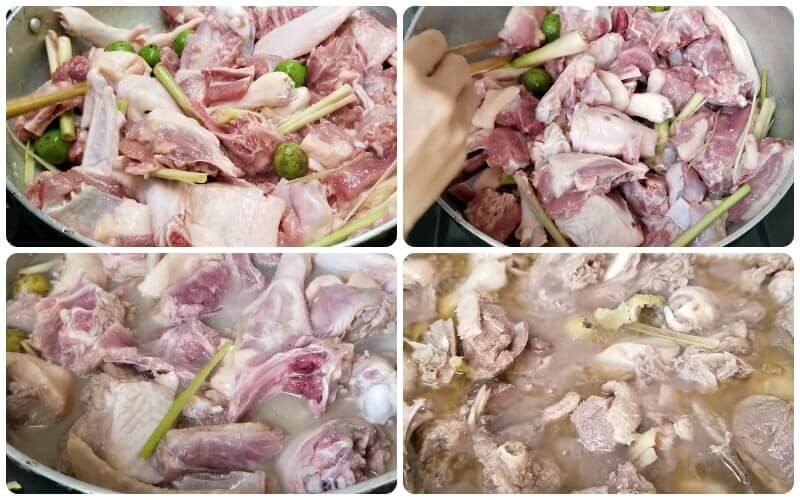 Nấu vịt om sấu rau muống trên bếp