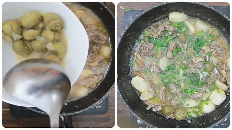 Thực hiện dầm sấu trong nồi vịt om sấu rau rút để chiết xuất hương vị
