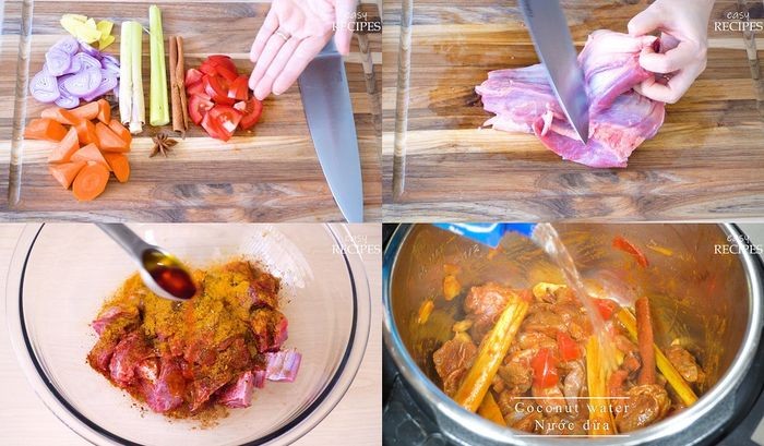Thịt bắp bò đã sơ chế, thái miếng vừa ăn và đang được tẩm ướp gia vị chuẩn bị nấu sốt vang bánh mì
