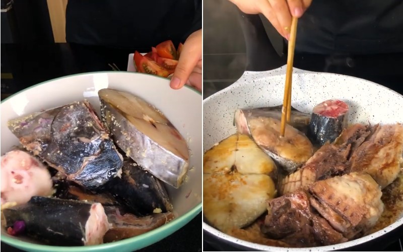 Chiên sơ cá thu lát vàng đều, chuẩn bị cho nước lèo bún cá thu Đà Nẵng đậm đà