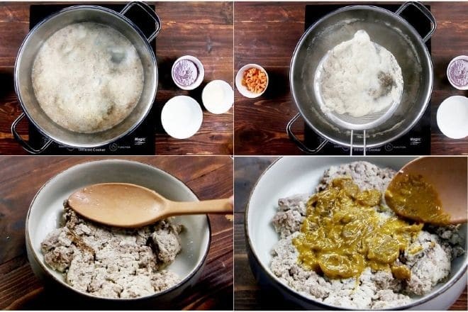 Vớt riêu cua đã nấu chín từ nước dùng