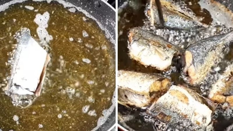 Chiên cá nục vàng đều cho món cá rim mắm thơm ngon