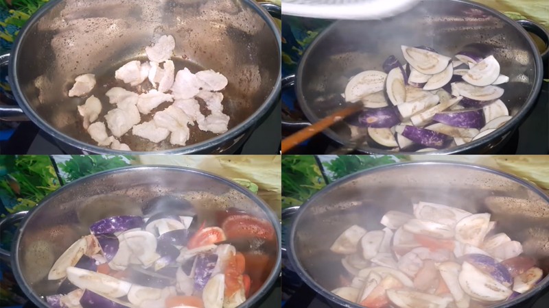 Xào thịt ba chỉ và cà tím cho món canh đậu phụ