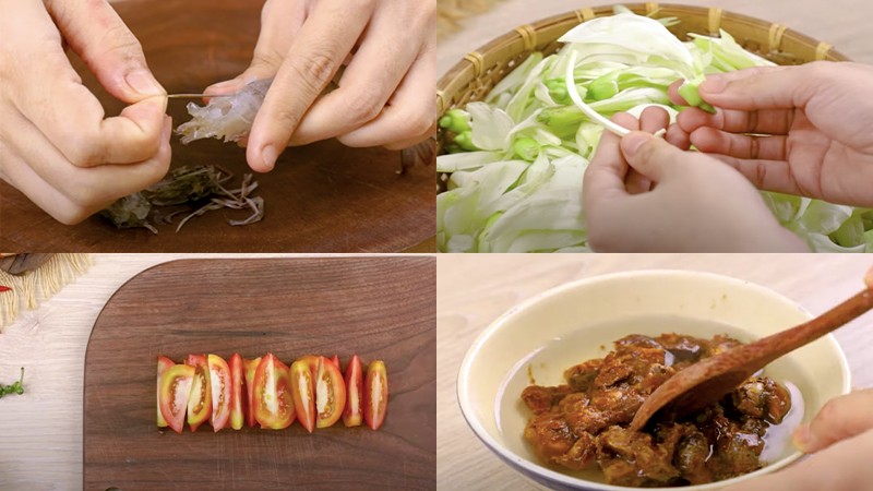 Các bước sơ chế tôm và bông so đũa cho món canh chua