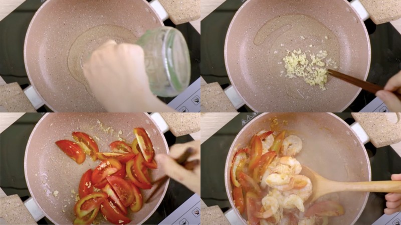 Xào cà chua và tôm tạo màu sắc bắt mắt cho canh chua