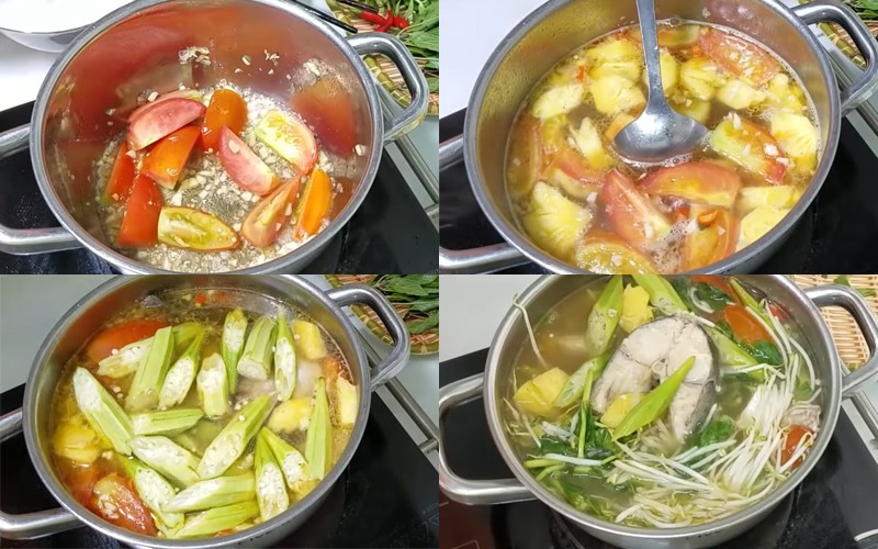 Nồi canh chua cá tra đang sôi sùng sục, thơm lừng với các loại rau củ