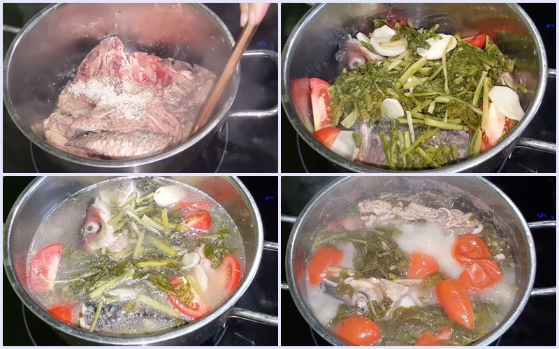 Nồi cá trắm đang được nấu sôi cùng dưa chua và cà chua