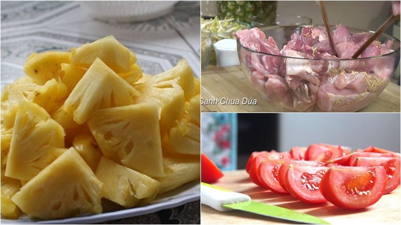 Sơ chế sườn non, ướp gia vị chuẩn bị cho món canh chua với dứa.