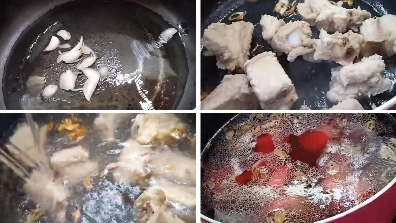 Quá trình nấu canh củ dền với sườn trên bếp lửa nhỏ