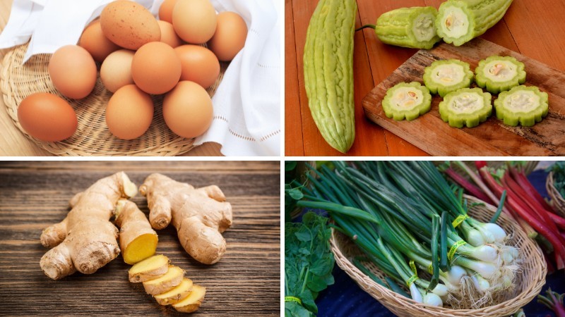 Toàn cảnh các nguyên liệu tươi ngon chuẩn bị cho cách nấu canh khổ qua trứng