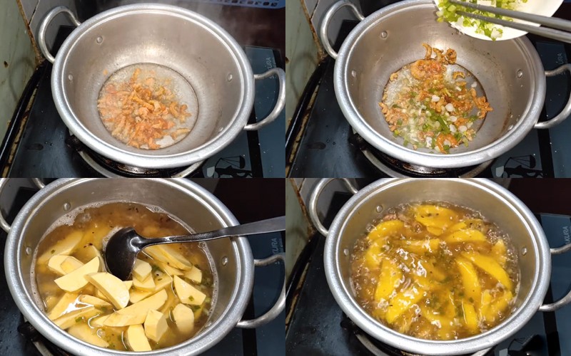 Bước nấu canh khoai lang mật với tôm khô trên bếp lửa