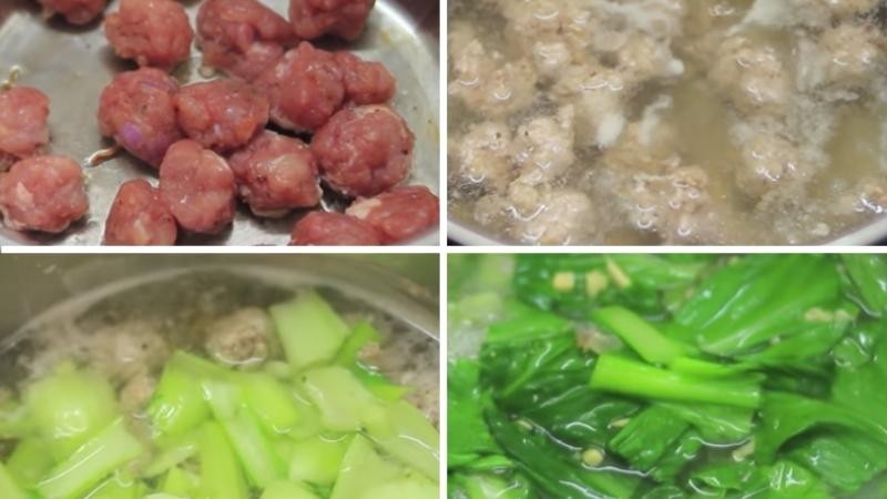 Nồi canh cải thịt băm đang sôi trên bếp, với rau cải tươi xanh và những viên thịt hấp dẫn