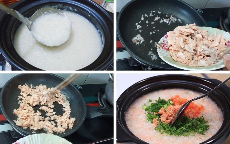 Nồi cháo cá hồi đang được nấu nhừ, chuẩn bị hoàn thành món ăn không tanh