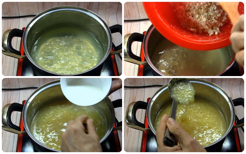Nấu hạt bắp nếp với bột năng trong nồi, khuấy đều để đạt độ sánh mịn cho món chè bắp nếp ngon đơn giản.