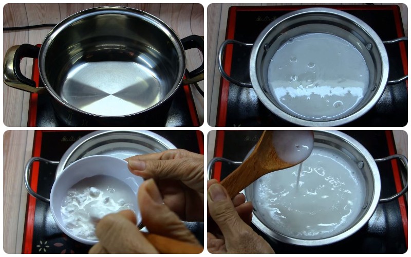 Pha chế và nấu nước cốt dừa sánh mịn, béo ngậy để tăng hương vị cho món chè bắp nếp ngon đơn giản.