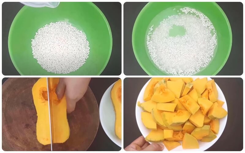 Sơ chế bí đỏ cắt miếng và ngâm bột báng để chuẩn bị nấu món chè bí đỏ bột báng