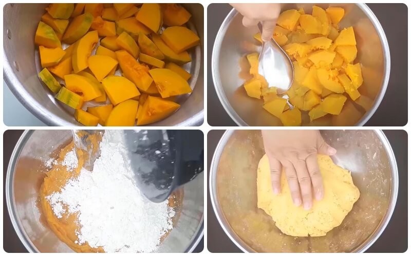 Quy trình hấp bí đỏ và vo viên bột bí đỏ sau khi trộn bột nếp, bước quan trọng khi làm chè bí đỏ bột báng