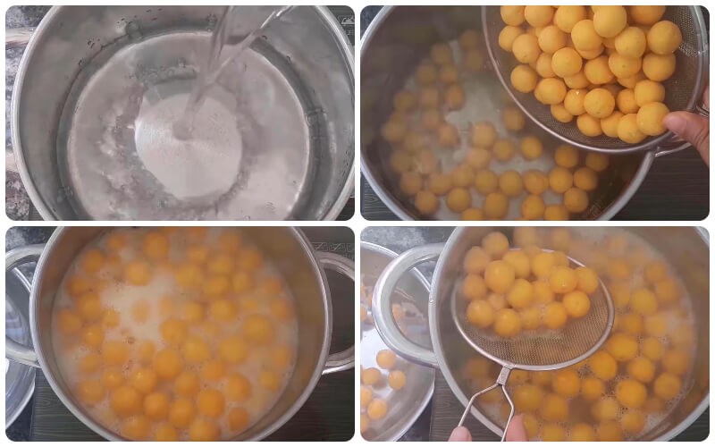 Luộc viên bí đỏ trong nước sôi cho đến khi nổi lên, một bước trong cách nấu chè bí đỏ bột báng