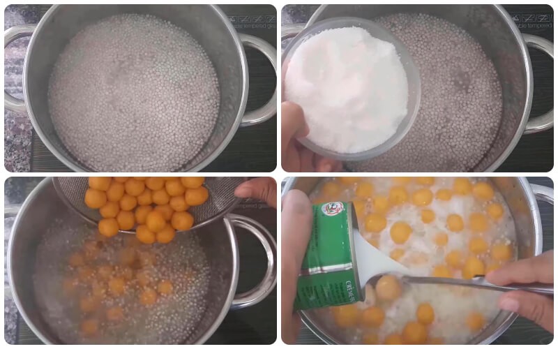 Nấu chè bí đỏ bột báng trên bếp, thêm bột báng, đường, nước cốt dừa và vani