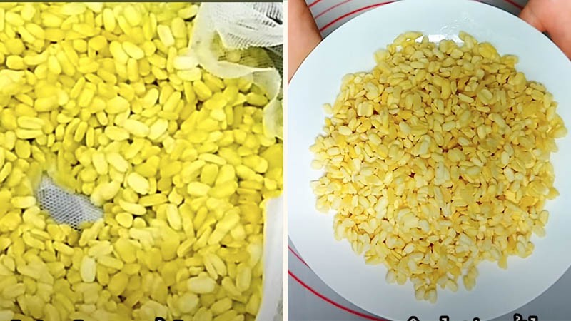 Đậu xanh đã ngâm nở được hấp chín trong xửng, giữ nguyên hạt để nấu chè bưởi