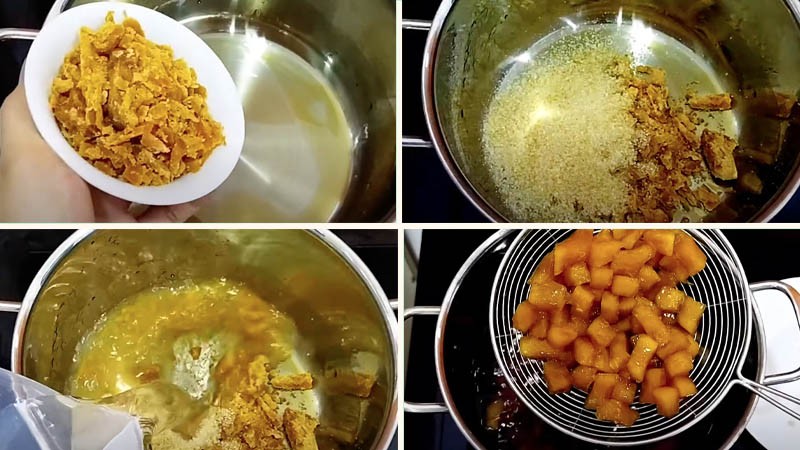 Luộc nhanh cùi bưởi đã áo bột năng trong nước đường sôi để có độ giòn chuẩn cho món chè bưởi Sài Gòn