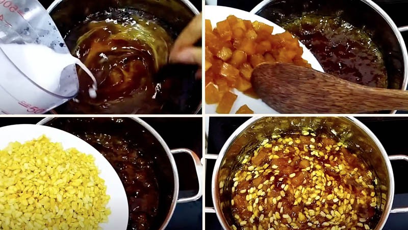 Nồi chè bưởi Sài Gòn đang được nấu sánh dẻo, kết hợp cùi bưởi và đậu xanh hấp dẫn