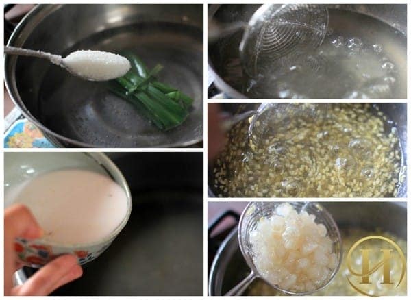Luộc lá nếp (lá dứa) để tạo hương thơm tự nhiên cho nồi chè bưởi ngon nhất