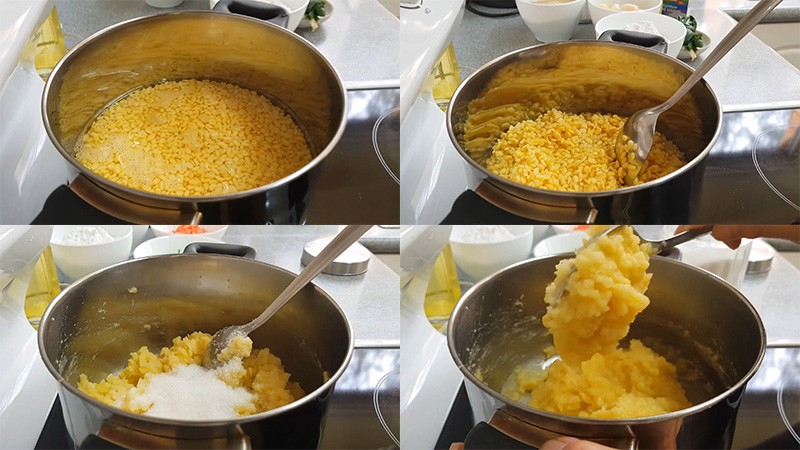 Đậu xanh đang được nấu chín mềm trong nồi để làm nhân chè đậu xanh bột lọc