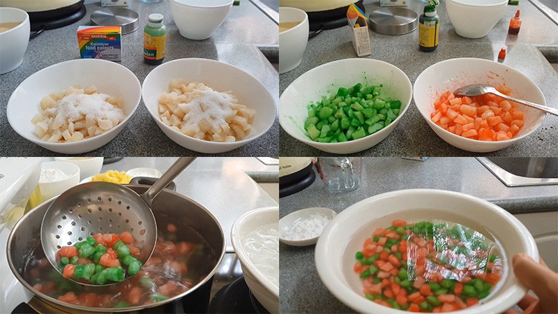 Củ năng đã cắt hạt lựu đang được trộn với bột năng và màu thực phẩm để tạo bột lọc đẹp mắt
