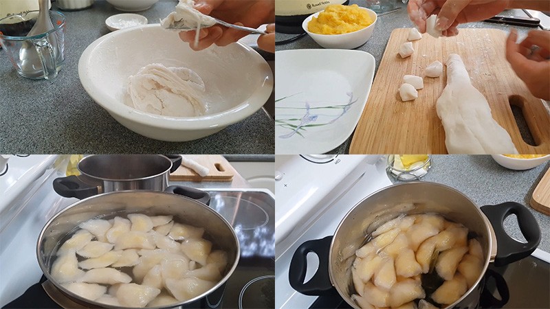 Bàn tay đang vo tròn bột năng với nhân đậu xanh để làm bánh bột lọc cho món chè