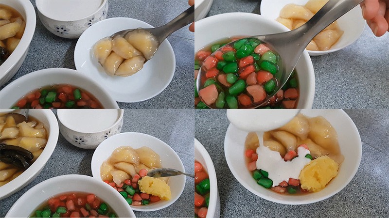 Chén chè đậu xanh bột lọc đang được hoàn thiện với các thành phần đã chuẩn bị