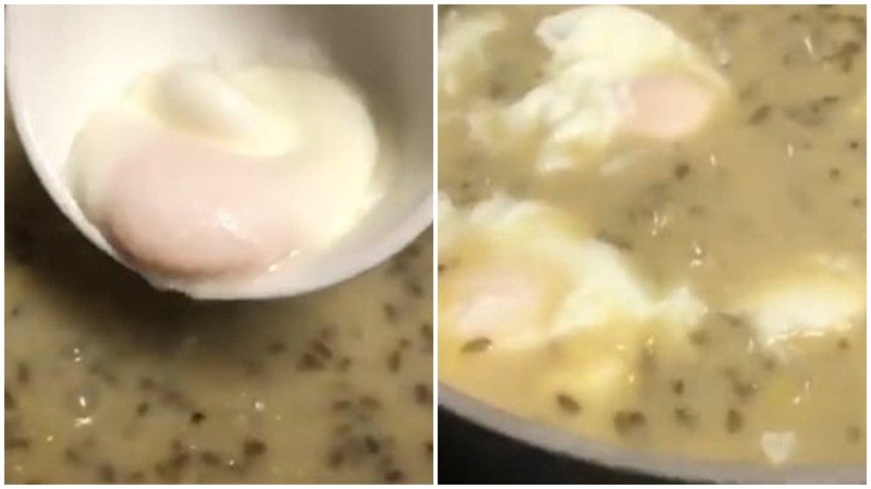 Hoàn tất công đoạn cho trứng gà đã chần vào nồi chè đậu xanh