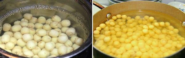 Hạt sen đang được đun cùng nước đường phèn trong nồi, ngấm vị ngọt thanh khi nấu chè