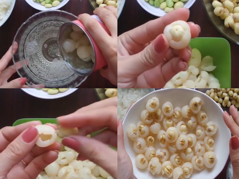 Nhét hạt sen vào long nhãn, một bước trong cách nấu chè hạt sen