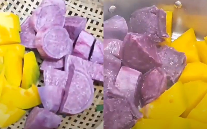Hấp chín bí đỏ và khoai lang tím để chuẩn bị làm viên chè