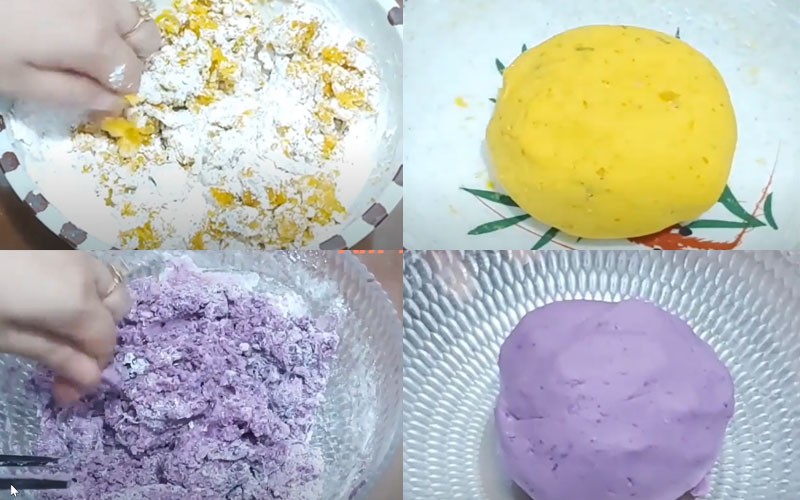Trộn bí đỏ và khoai lang tím đã dằm nhuyễn với bột để làm viên chè