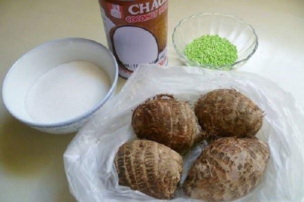 Nguyên liệu chuẩn bị cho món chè khoai môn dẻo đậu xanh