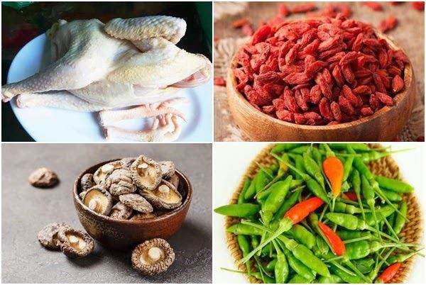 Các nguyên liệu chính làm món gà tiềm ớt hiểm