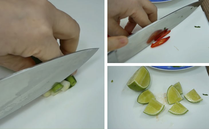 Sơ chế hành lá, ớt và chanh cho món hủ tiếu sườn kho