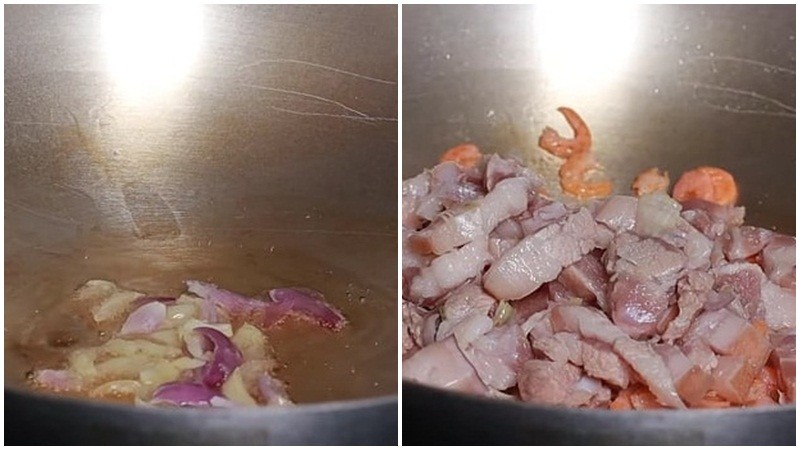 Xào thịt và tôm khô làm kho quẹt
