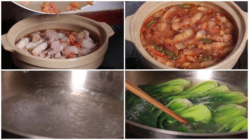 Kho tôm thịt và luộc rau cải thìa