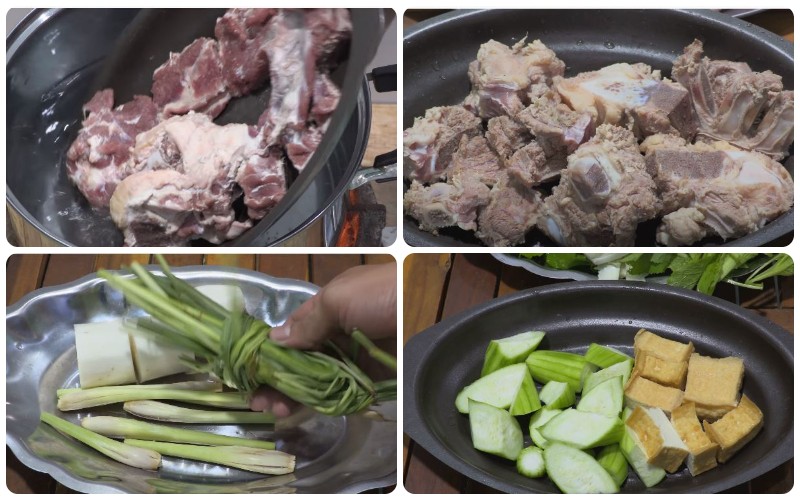 Sơ chế xương bò và các nguyên liệu chuẩn bị cho cách nấu lẩu bò hầm sả