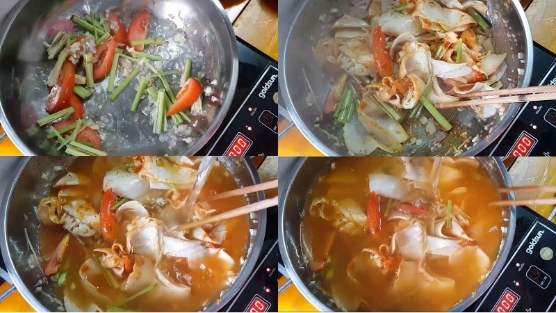 Xào sơ các nguyên liệu rồi nấu nước lẩu cá bóp măng chua