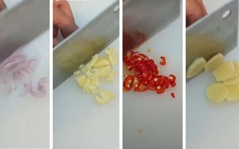 Hành tím, tỏi, ớt và gừng đã sơ chế để nấu lẩu lòng bò