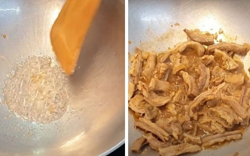 Xào lòng bò săn lại trước khi cho vào nước lẩu