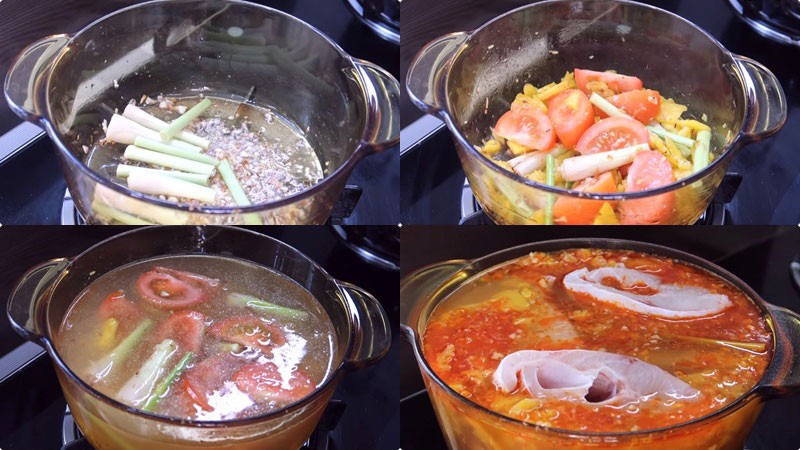Đang nấu nước lẩu thái cá diêu hồng thơm lừng
