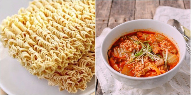 Hoàn thành tô mì gói Hàn Quốc kim chi với các topping hấp dẫn.