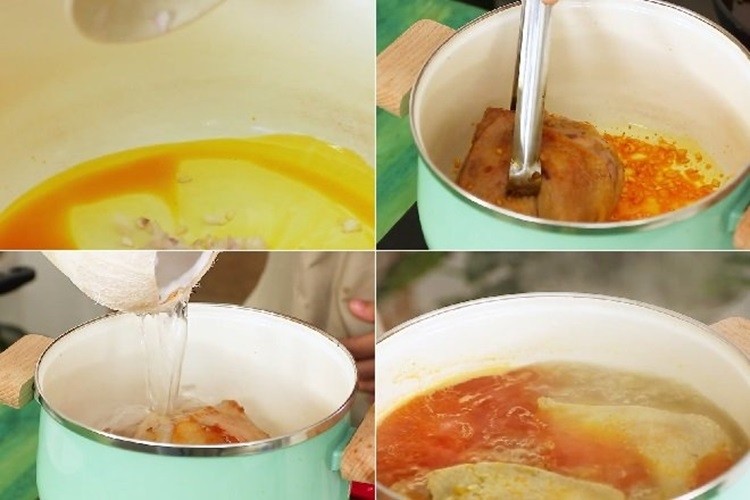 Các bước hầm vịt với nước dừa và nước hầm xương để có nước dùng mì Quảng vịt đậm đà