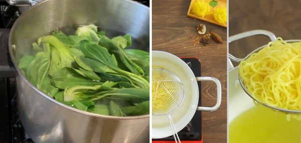 Sơ chế mì và rau cải cho món mì vịt tiềm nhanh gọn